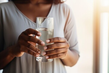 Woman's hands elegantly holding a glass of water.