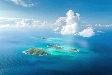 Crystal clear waters embracing emerald isles under a hazy sky, showcasing nature's grandeur from above.