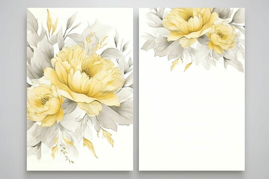 Wedding floral style double invite, invitation, save the date card design set with beautiful Yellow pastel peony flower 