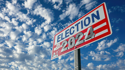 Obraz premium Election 2024 Sign Against Blue Sky with Clouds.A bold red and white election 2024 road sign stands out under a vast blue sky scattered with white clouds, symbolizing the upcoming political event.