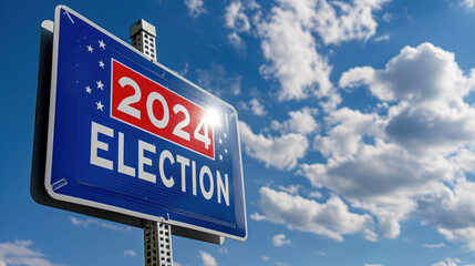 Election 2024 Sign Against Blue Sky with Clouds.A bold red and white election 2024 road sign stands out under a vast blue sky scattered with white clouds, symbolizing the upcoming political event.