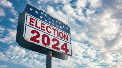 Fototapeta premium Election 2024 Sign Against Blue Sky with Clouds.A bold red and white election 2024 road sign stands out under a vast blue sky scattered with white clouds, symbolizing the upcoming political event.