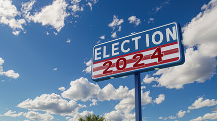 Fototapeta premium Election 2024 Sign Against Blue Sky with Clouds.A bold red and white election 2024 road sign stands out under a vast blue sky scattered with white clouds, symbolizing the upcoming political event.