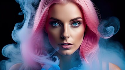 Fototapeta premium Young woman with colorful make-up and body art on a black background with multi-colored smoke