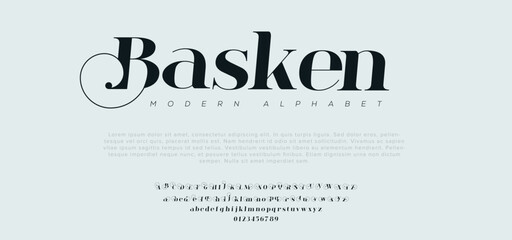 Basken Modern abstract digital alphabet font. Minimal technology typography, Creative urban sport fashion futuristic font and with numbers. vector illustration