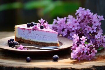 Obraz na płótnie Canvas A slice of blueberry cheesecake on a wooden table with azaleas nearby.