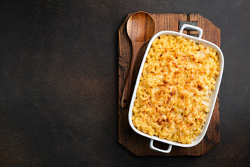 Mac n cheese, traditional american food, top view, copy space