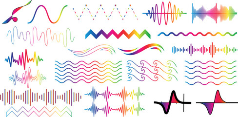 Colorful sound waves vector, audio digital equalizer technology, music pulse. Vibrant frequency lines on white background, studio, club, radio station visuals - obrazy, fototapety, plakaty