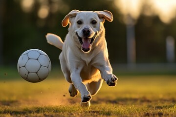 Cheerful labrador retriever having fun with a ball - playful pet enjoying a game of fetch