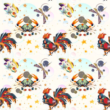 Seamless pattern images of cartoons, chickens, scorpions, crabs and fish.