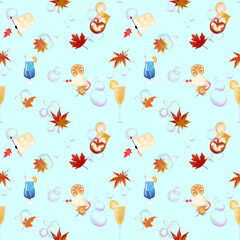 Seamless pattern for cocktail party in water and bubbles. Bubbles, cocktails, leaves, maple leaves, drinks, cute, alcohol, party, celebration, fun.