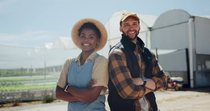 Agriculture, man and woman with arms crossed on farm for collaboration, plant sustainability and ecology. Farming, teamwork and portrait outdoor with confidence, pride and happy for food production