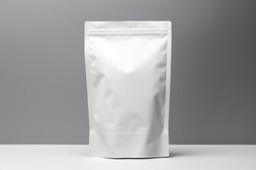 Front view of an empty white packaging pouch on a soft gray surface.