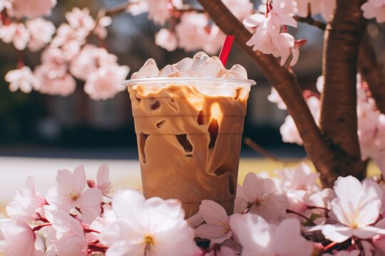 Iced chai latte against a backdrop of cherry blossom petals.
