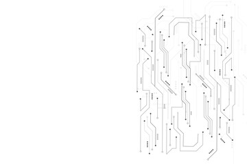 High-tech circuit board connection system. Black circuit diagram on white background. Abstract futuristic circuit board Illustration, Circuit board with various technology elements. 