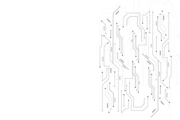 High-tech circuit board connection system. Black circuit diagram on white background. Abstract futuristic circuit board Illustration, Circuit board with various technology elements. 