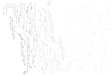 High-tech circuit board connection system. Black circuit diagram on white background. Abstract futuristic circuit board Illustration, Circuit board with various technology elements. 