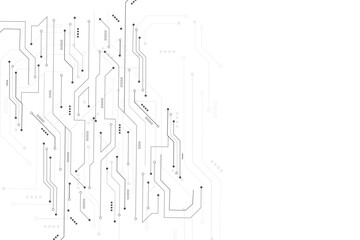 High-tech circuit board connection system. Black circuit diagram on white background. Abstract futuristic circuit board Illustration, Circuit board with various technology elements. 