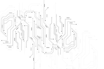 High-tech circuit board connection system. Black circuit diagram on white background. Abstract futuristic circuit board Illustration, Circuit board with various technology elements. 