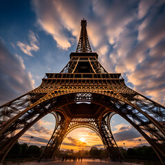 Stunning Low Angle Shot of Illuminated Eiffel Tower Against Twilight Sky in Quiet Paris Evening
