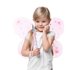 Cute little girl in fairy costume with pink wings and magic wand on white background