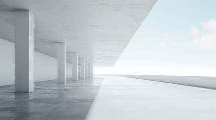 Empty concrete floor for car park. 3d rendering of abstract white building with clear sky background