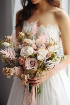 The bride holds a beautiful lush bouquet in her hands