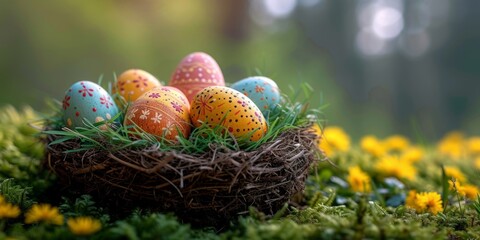 Fototapeta na wymiar Colorful Easter Eggs Among Spring Flowers.