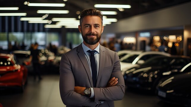 Young salesman at car dealership with a happy smile, posing in front of a sleek automobile