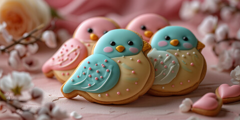Obraz premium A collection of charming bird cookies with pastel icing, accompanied by delicate flowers, creating a picturesque springtime setting. 