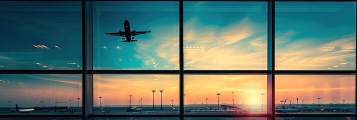 Airplane taking off from airport window - obrazy, fototapety, plakaty
