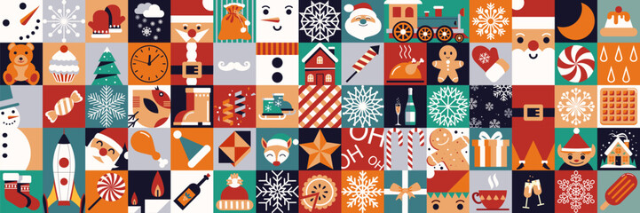 Abstract geometric Christmas background. Big set. Merry Christmas and Happy New Year! Holiday gingerbread, Santa Claus, snowman, toys, celebration symbols, holiday food. Mosaic style.