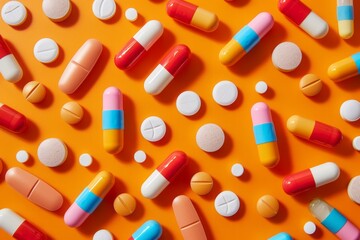 Medication Melange: Colorful Pills on Orange Backdrop