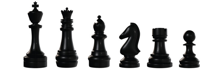 Realistic 3D Isolated Black Chess Pieces with Plastic Material