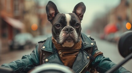 Debonair Boston terrier in a leather jacket. - obrazy, fototapety, plakaty