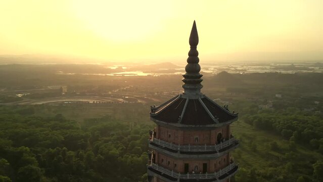 Aerial view of Bai Dinh Pagoda at sunset in Ninh Binh, Vietnam.