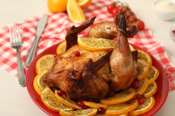 Baked chicken with orange slices on white wooden table, closeup