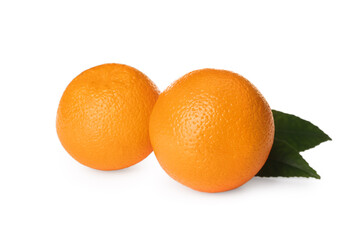 Fresh ripe oranges with green leaves on white background