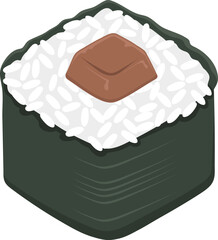 illustration of a Japanese food icon, rice ball sushi roll wrapped in seaweed with grilled chicken topping