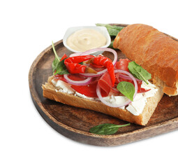 Delicious sandwich with bresaola, cream cheese, chili pepper and sauce isolated on white