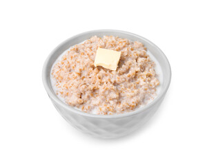 Tasty wheat porridge with milk and butter in bowl isolated on white