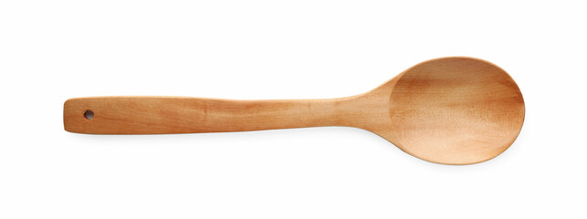 One empty wooden spoon isolated on white, top view
