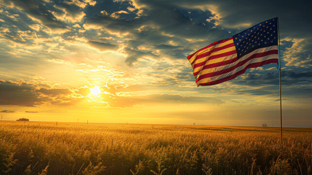 American Flag Waving in Golden Field at Sunset.An American flag waves proudly in a blooming golden field with a vibrant sunset in the background, symbolizing hope and freedom.