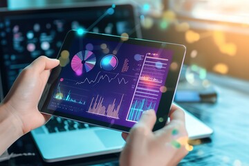 Close up hand holding mobile phone with analyzing graph. Business data for analysis planning to achieve goal, successful, growth concept.