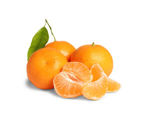 Fresh ripe juicy tangerines with green leaf isolated on white