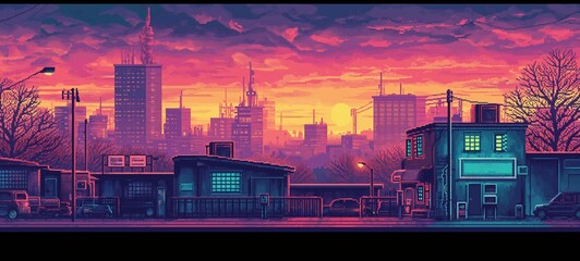 Tranquil urban sunset captured in 8-bit pixel art, with skyscrapers silhouetted against a dithered orange and purple sky, evoking a serene retro gaming vibe.