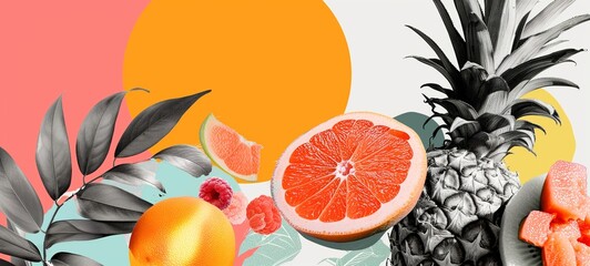 Summertime joy captured in a playful collage, featuring a monochrome pineapple with vibrant oranges, grapefruits, and raspberries against a pastel backdrop with yellow sun accents. - obrazy, fototapety, plakaty