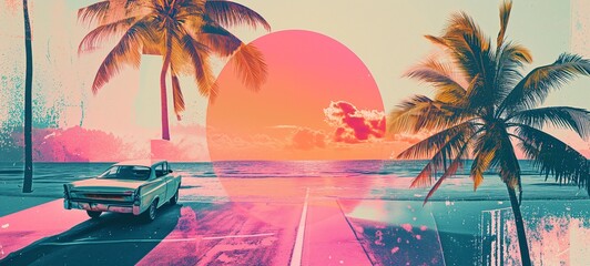 Retro summer vibes in a cut-and-paste collage featuring a classic car under palm trees against a pink-hued sunset and ocean backdrop, creating a dreamy, nostalgic beach scene.