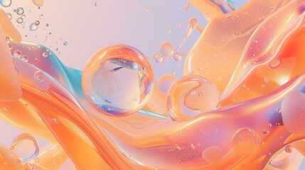 abstract 3d pastel peach color flying blobs, curvy shapes, some metallic shapes, shapes have different texture, glowing - obrazy, fototapety, plakaty