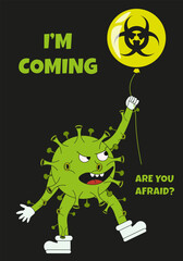 Fototapeta premium Disease X Pathogen character in trendy Rubber Hose style on Biohazard balloon isolated black background. Green Virus in Groovy style. Vector illustration can used medical web poster EPS 10